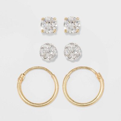 Gold Over Sterling Silver Stud Earring Set 3ct - A New Day™ Clear | Target