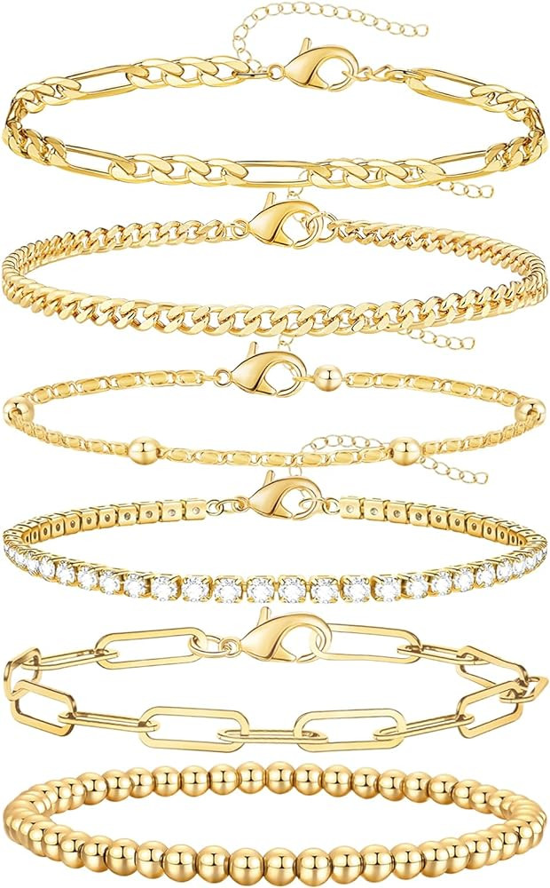 Amazon.com: adoyi Gold Bracelets for Women, 14K Gold Plated Stackable Bracelet Stack Set Adjustab... | Amazon (US)