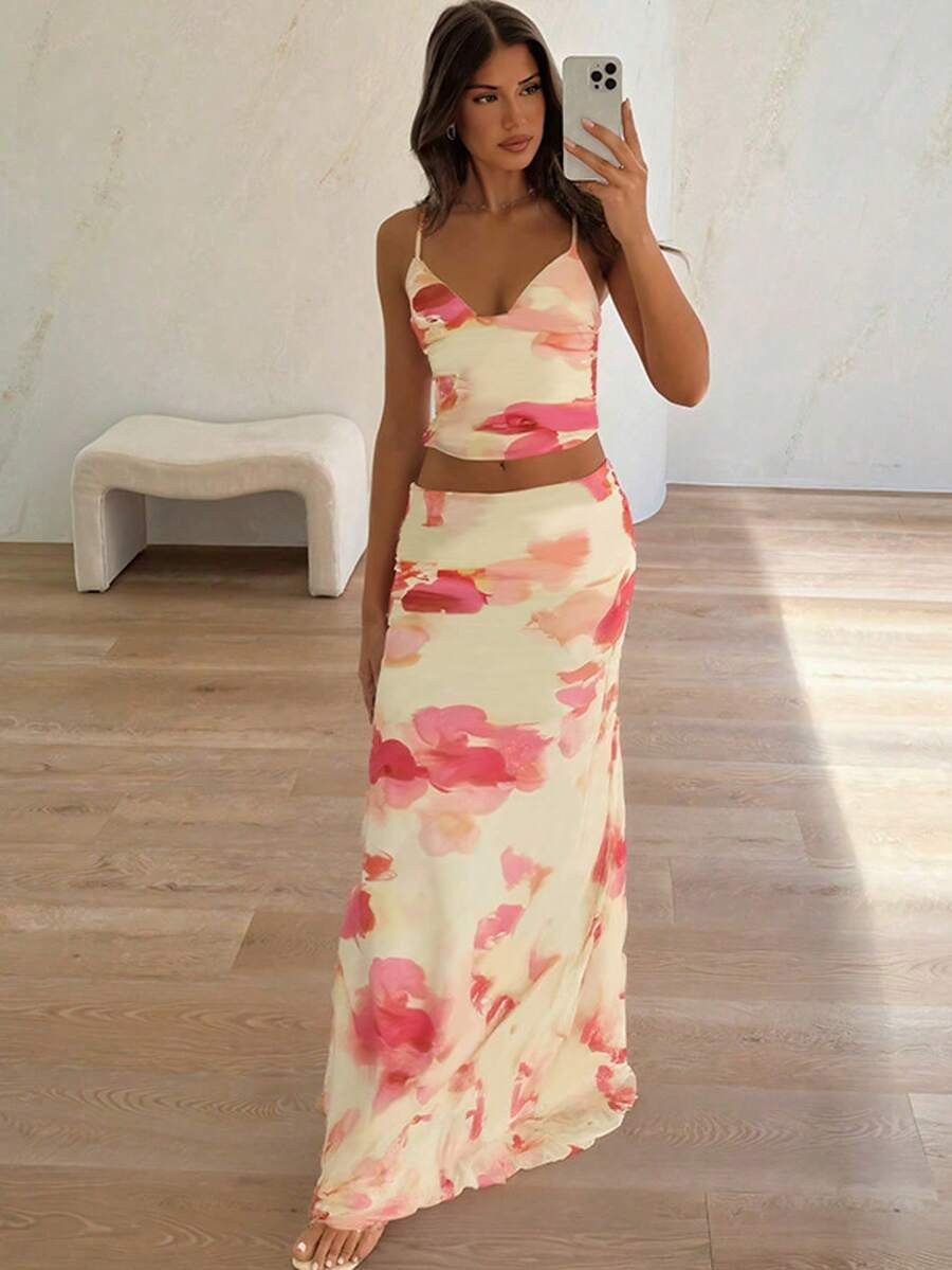 Women's Summer New Sexy All-Over Print Backless Cami Top 2-Piece Skirt Set, Elegant Casual Holida... | SHEIN
