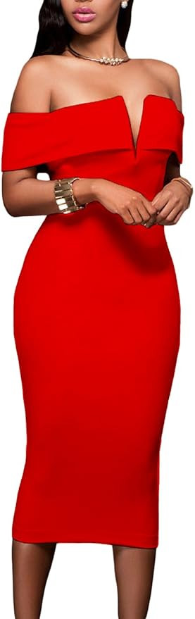 AlvaQ Women's Sexy V Neck Off The Shoulder Evening Bodycon Club Midi Dress | Amazon (US)