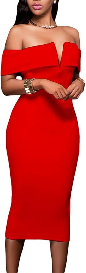 AlvaQ Women's Sexy V Neck Off The Shoulder Evening Bodycon Club Midi Dress | Amazon (US)