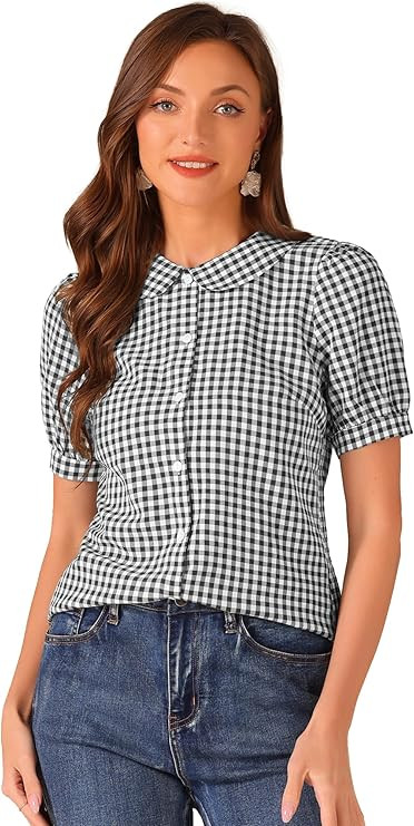 Allegra K Women's Peter Pan Collar Plaid Shirt Puff Short Sleeve Button Down Blouses Casual Summe... | Amazon (US)