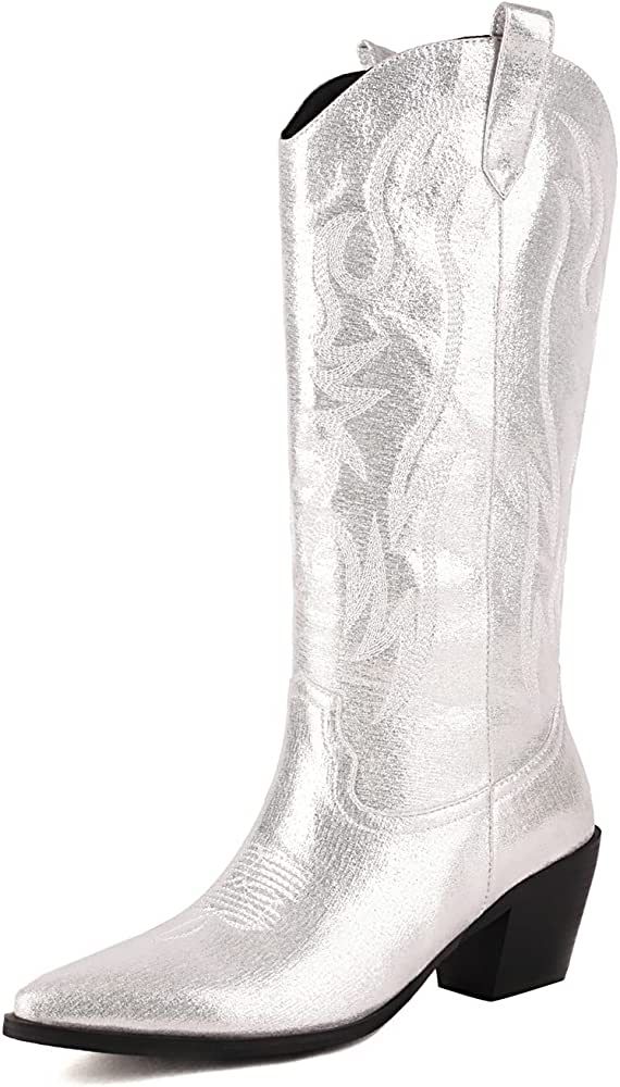 Kirliner Embroidered Cowboy Western Boots Glitter Metallic Leather Cowgirl Boots Mid Calf Pointed To | Amazon (US)
