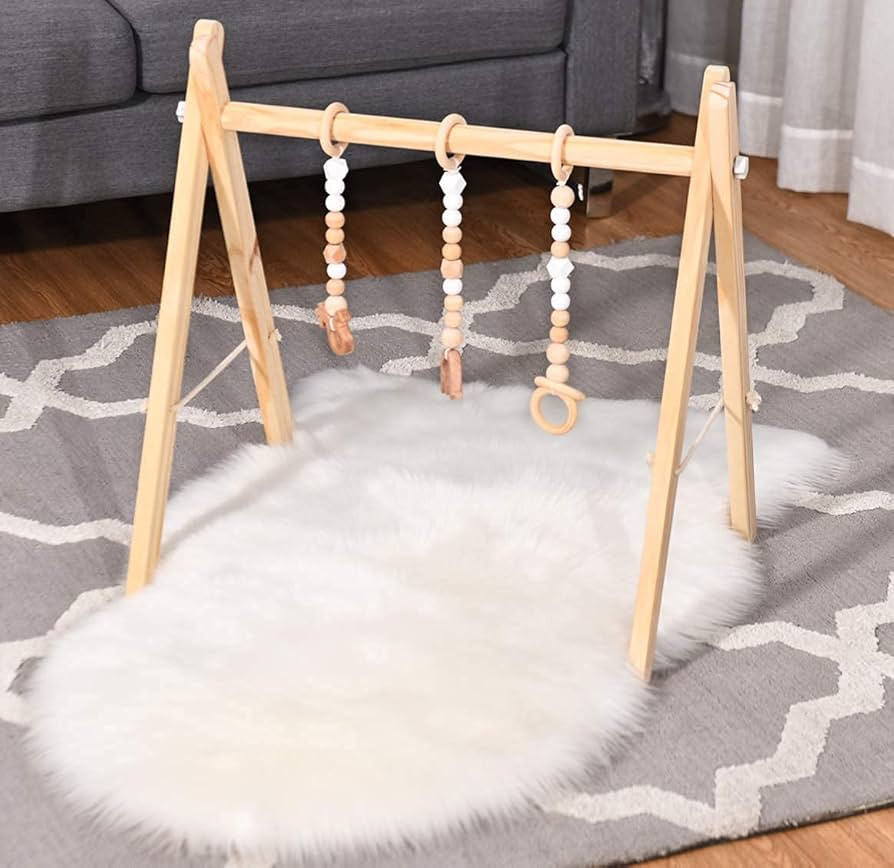 BABY JOY Portable Wooden Baby Gym, Foldable Baby Play Gym Frame with 3 Wooden Baby Teething Toys,... | Amazon (US)
