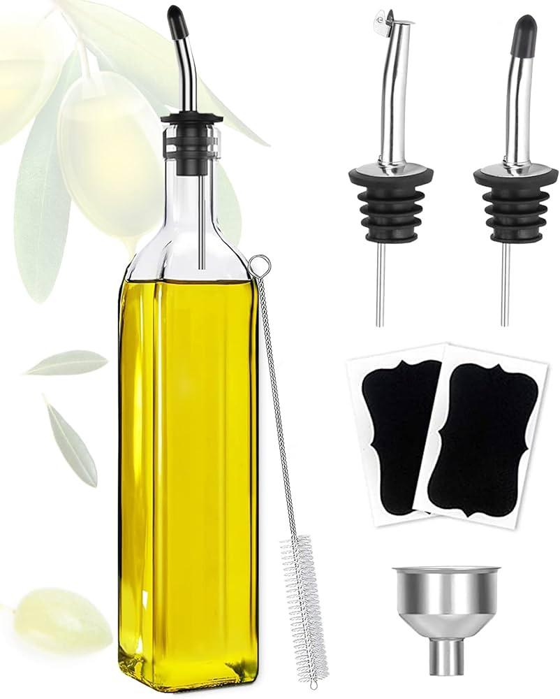Olive Oil Dispenser, 17oz/500ml Square Tall Glass Container With 2 Stainless Steel Pourers, 2 Lab... | Amazon (US)