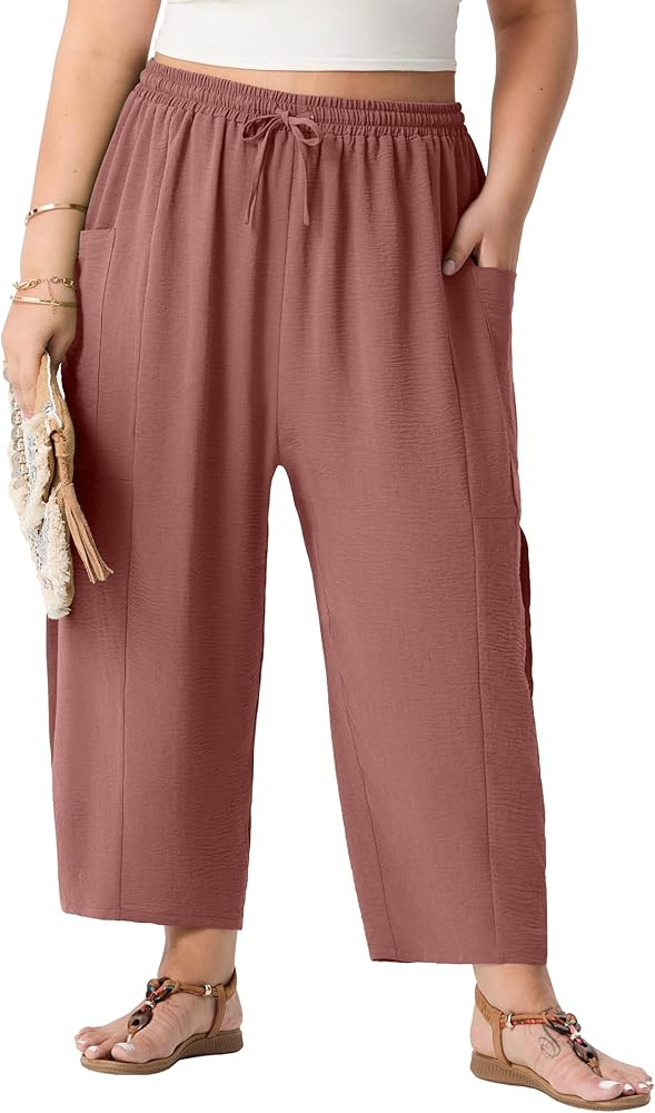 OLRIK Women's Plus Size Pants – Lightweight Cropped Wide Leg Boho Pants with Drawstring & Pocke... | Amazon (US)