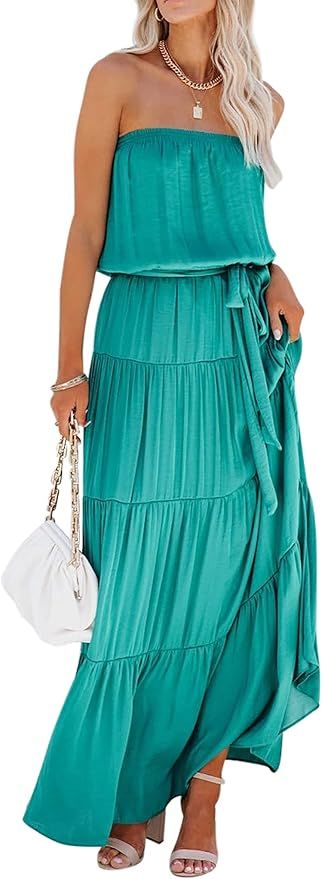 R.Vivimos Women's Summer Cotton Tube Strapless Casual Boho Sleeveless Maxi Dress with Belt | Amazon (US)