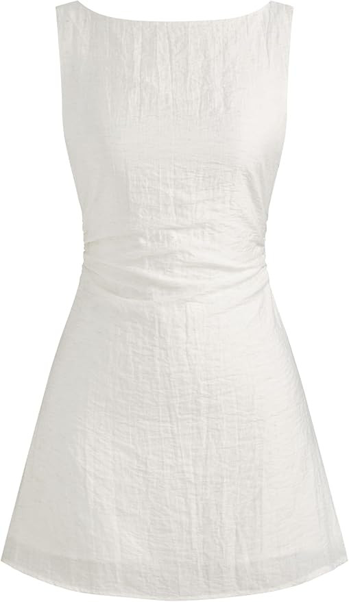 CIDER Mini Dress Backless Bow Tie Solid Linen Blend Boat Neck Summer Vacation Going Out Cute Shor... | Amazon (US)