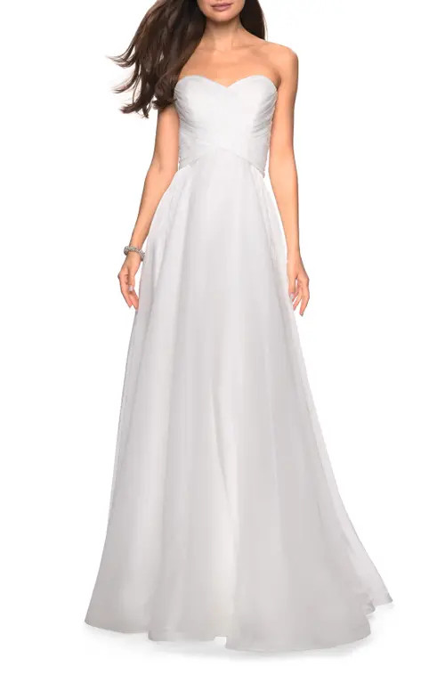 La Femme Strapless Chiffon Dress with Criss Cross Bodice Detail in White at Nordstrom, Size 20 | Nordstrom