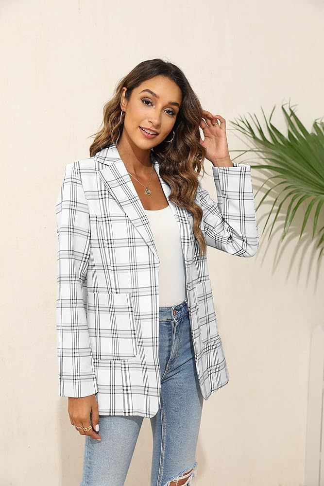 Grlasen Womens Casual Blazer Plaid Slim Fit Lapel Work Office Outerwear Jacket Suit | Amazon (US)