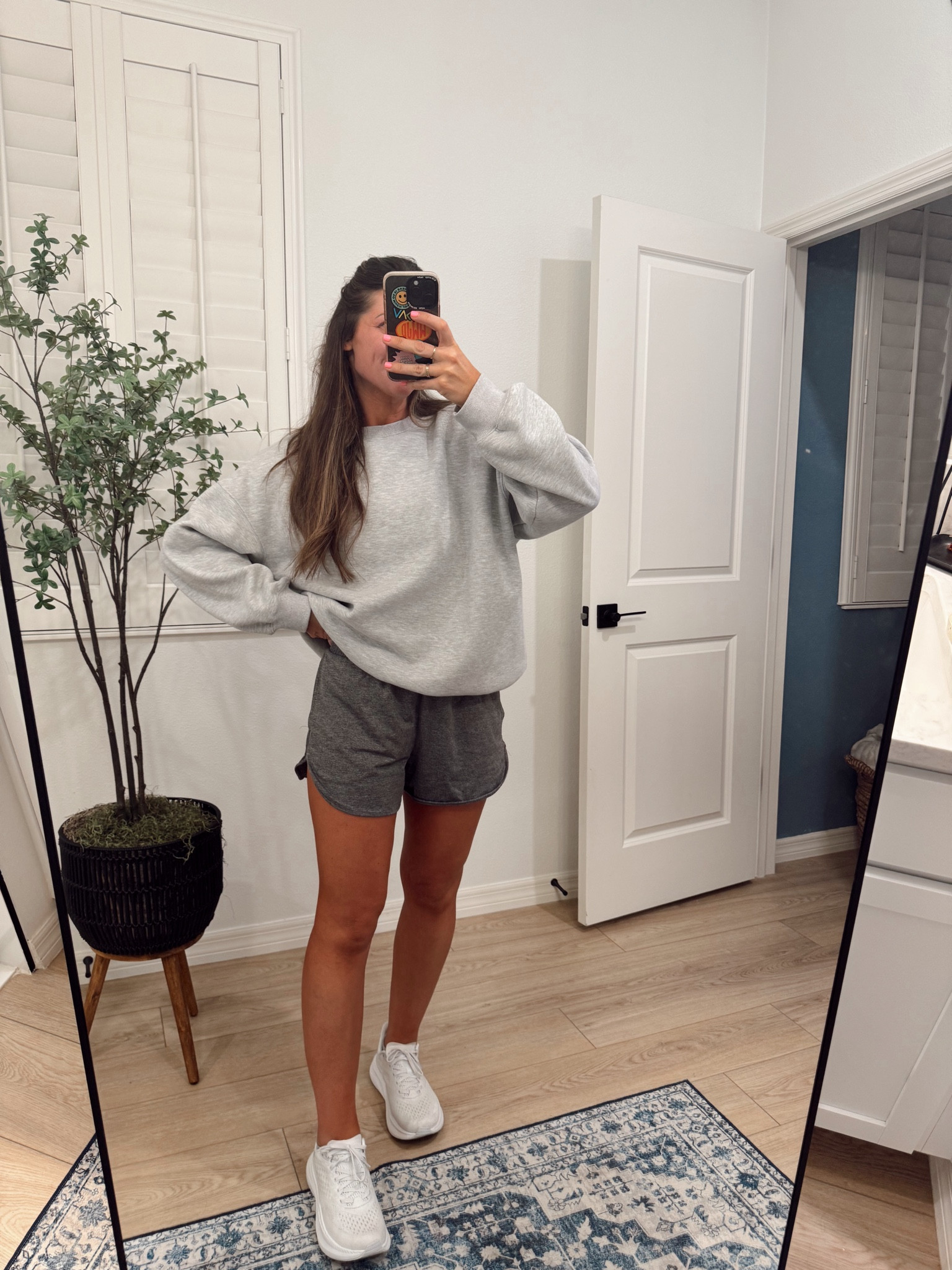 Some of my all-time favorite items I wear all the time 🩶 medium sweatshirt // small shorts (go down if in between) // true to size 8.5 sneaker size in HOKAS.. wow, so so comfortable 👌🏻😮‍💨 