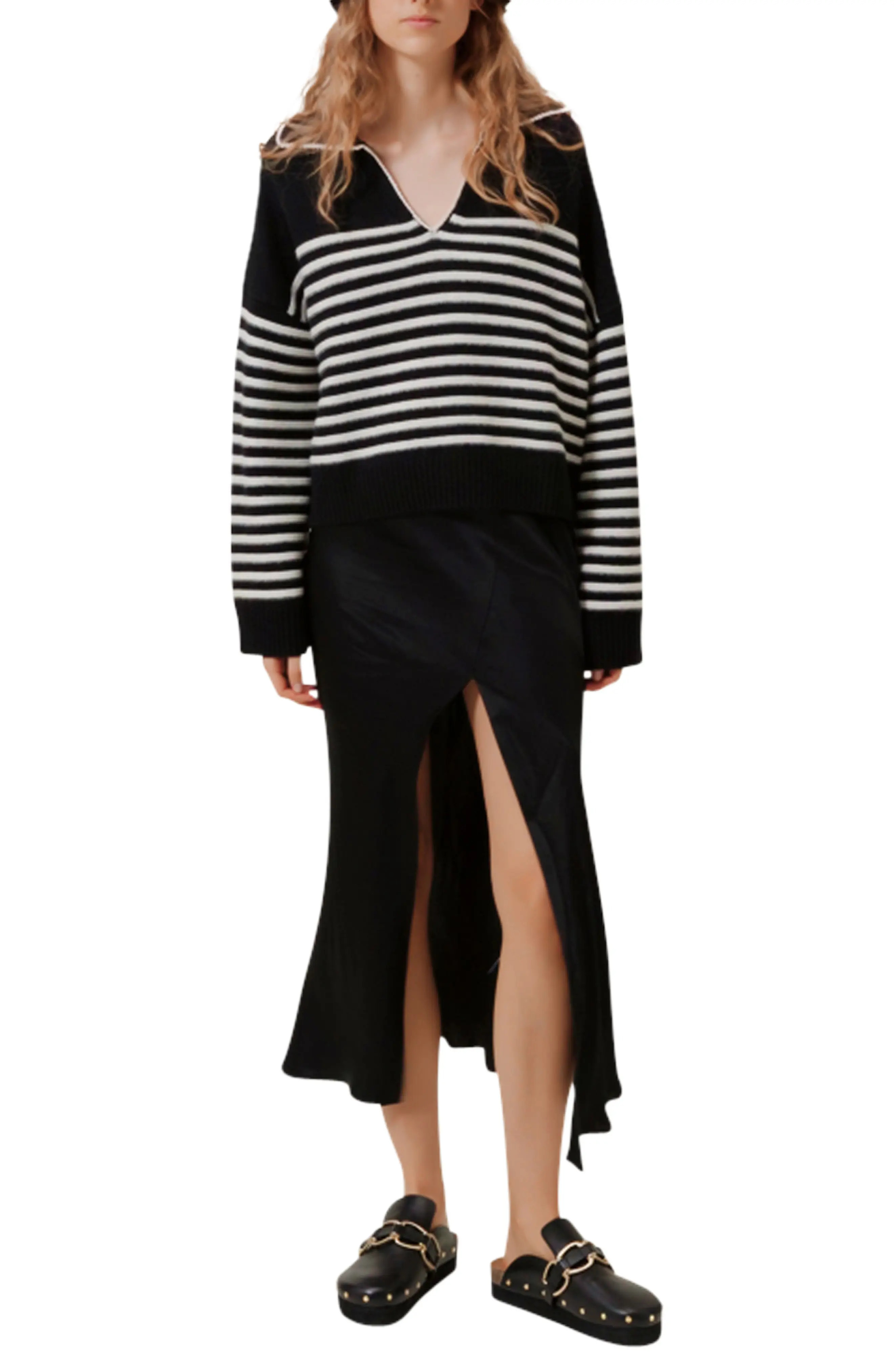 maje Mariniere Stripe Collar Cashmere Sweater in Black /White at Nordstrom, Size 2 | Nordstrom