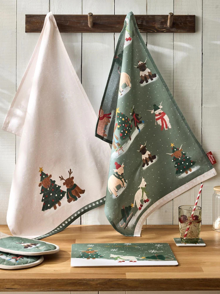 Set of 2 Green Christmas Hamish Tea Towels | Next US