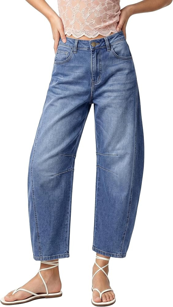 GRAPENT Barrel Jeans for Women Trendy High Waisted Wide Leg Baggy Cropped Relax Fit Stretch Denim... | Amazon (US)