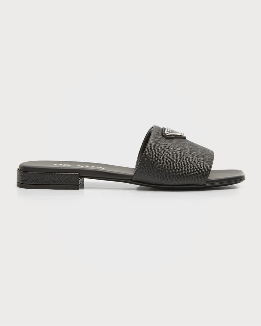 Calfskin Logo Flat Slide Sandals | Neiman Marcus