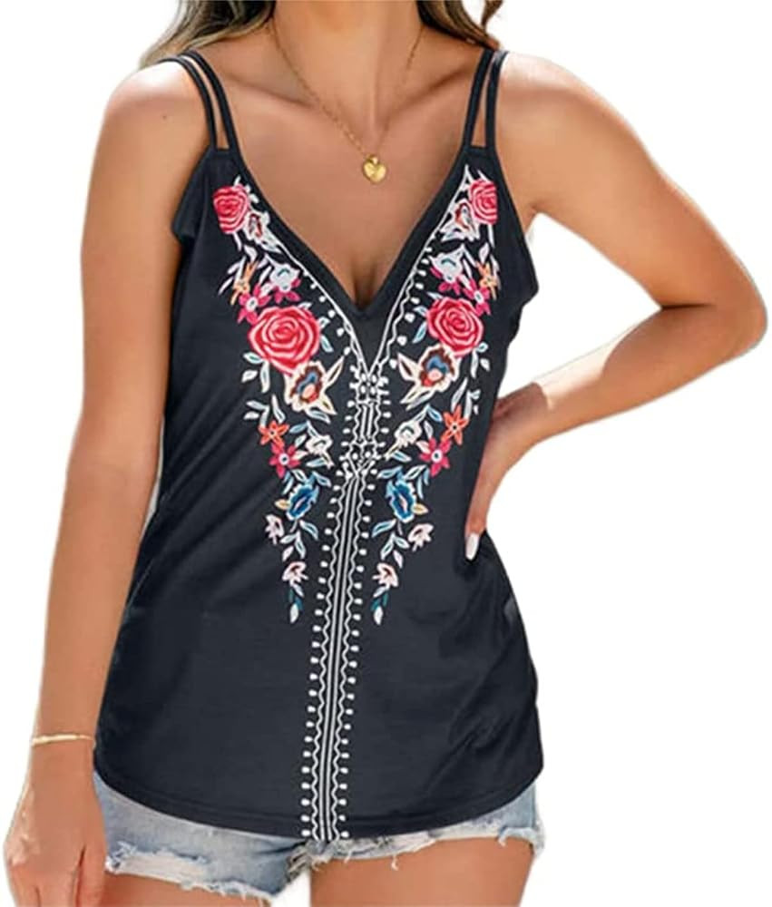 Melliflo Womens Embroidered Boho Tank Tops Spaghetti Strap Sleeveless V Neck Mexican Shirts Cami | Amazon (US)