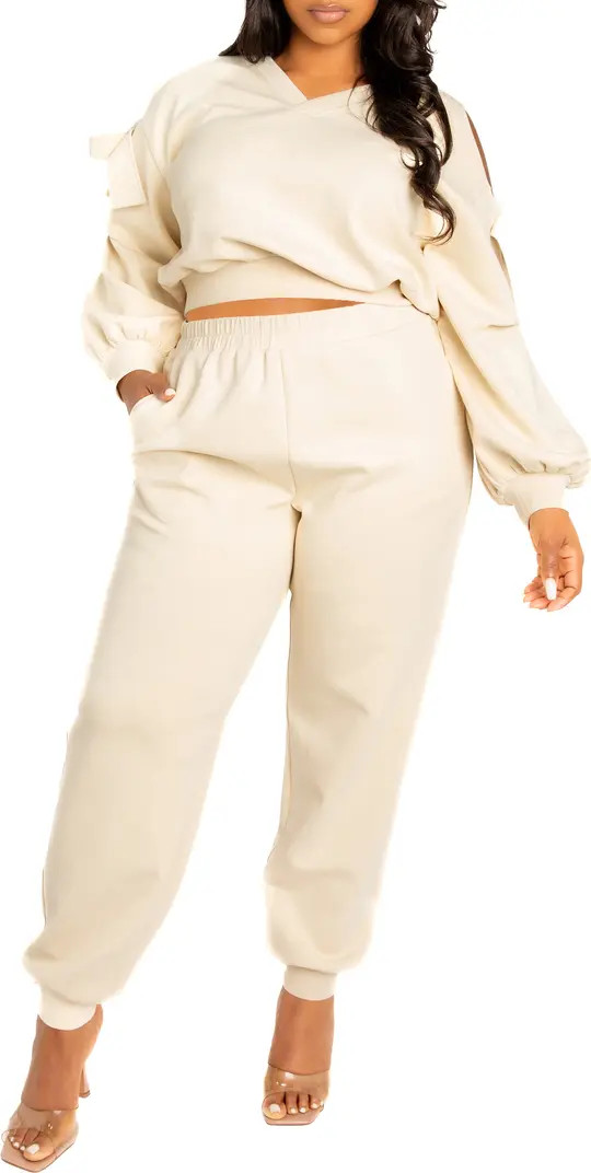 BUXOM COUTURE Scuba Cold Shoulder Sweatshirt & Jogger Set | Nordstrom | Nordstrom