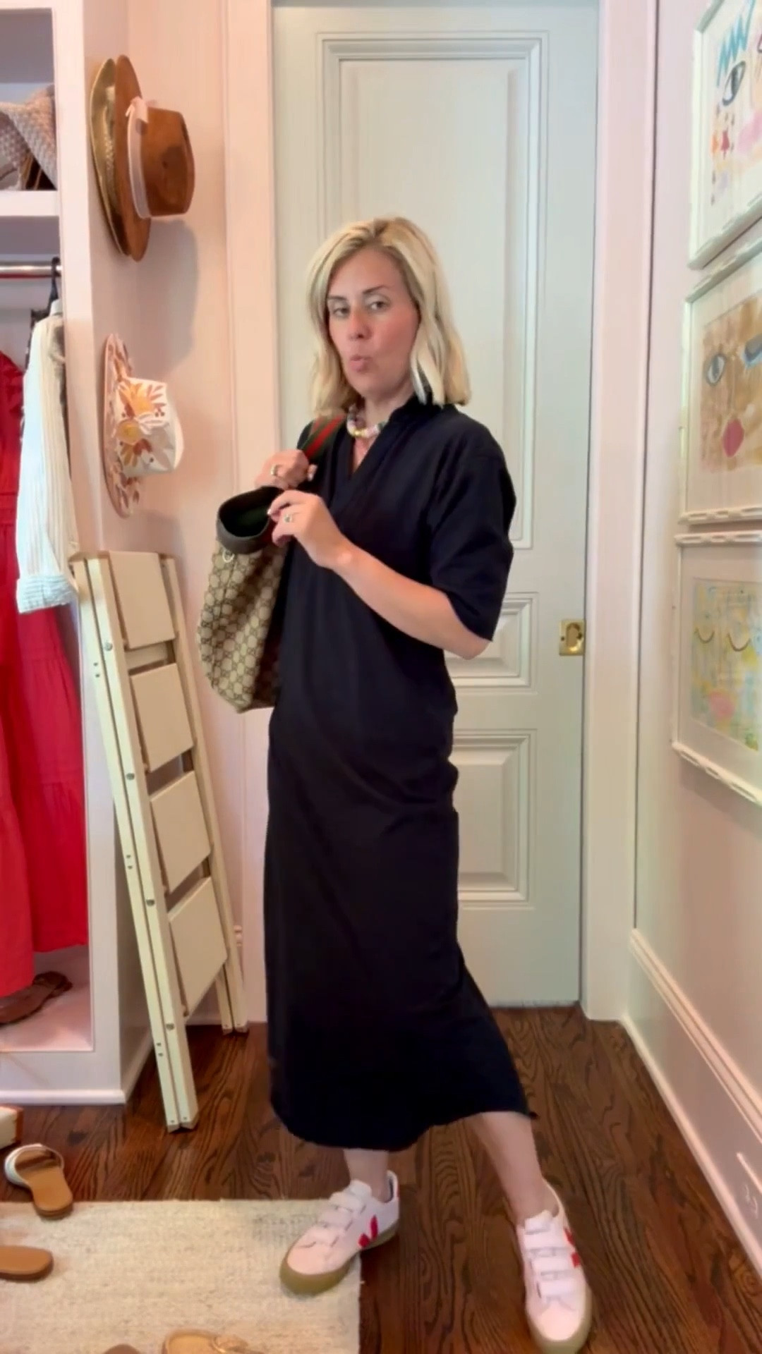 A must have dress if I say so myself! It’s a closet keeper that you will wear over & over. I’m wearing xs dress & 8 sneaker. 
*Use my code Catherine20 at Allie + Bess 
*Use my code MIXANDMATCH for 25% off at Erin McDermott 
