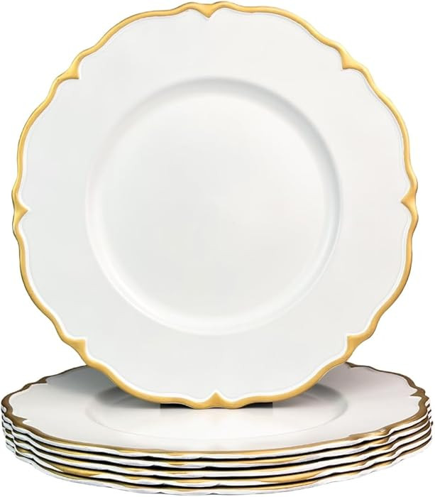 White Scalloped Charger Plates with Gold Rim, 13" Plastic Decoration Charger for Dinner Plates, W... | Amazon (US)