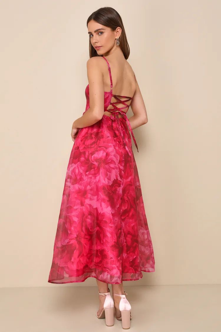 Darling Icon Dark Pink Floral Organza Lace-Up Midi Dress | Lulus
