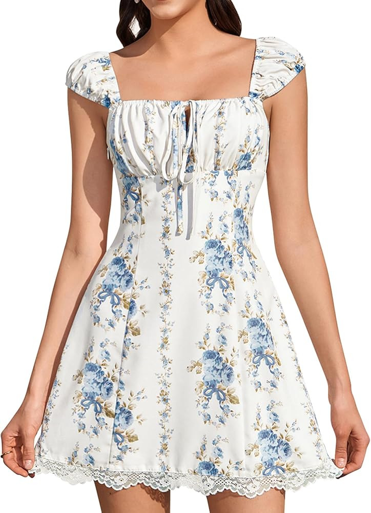 HTZMO Corset Floral Mini Dress Lace Up Square Neck Cute Summer Graduation Short Dresses for Women... | Amazon (US)