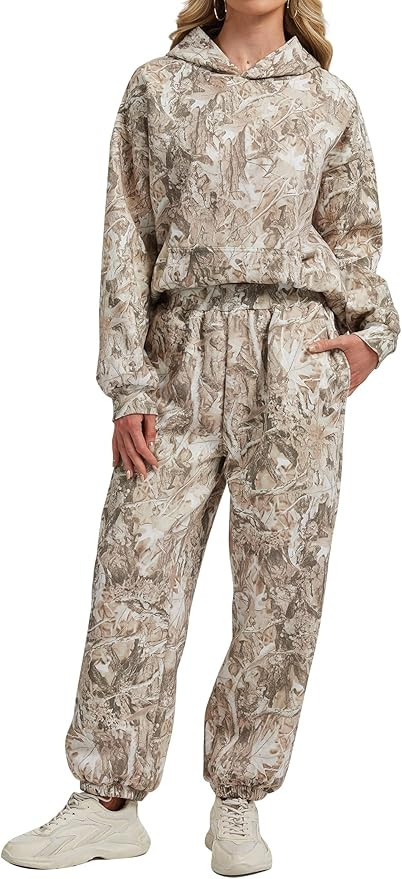 Camo Sweatsuits for Women Set 2 Piece Camo Hoodies Maple Leaf Print Oversized Sweatshirt Lounge S... | Amazon (US)