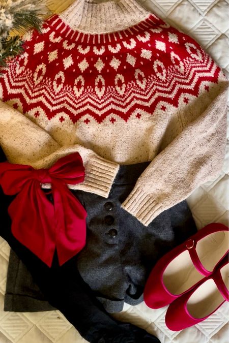 A shorts + tights outfit for the Christmas season 🎀 Love me a little Twee in my outfitting. I was on the fence about ordering this sweater and am so glad I did! It’s so soft and cute. 

Fair isle sweater, hair bow, wool shorts, slippers, affordable sweater 

#LTKHoliday #LTKSeasonal