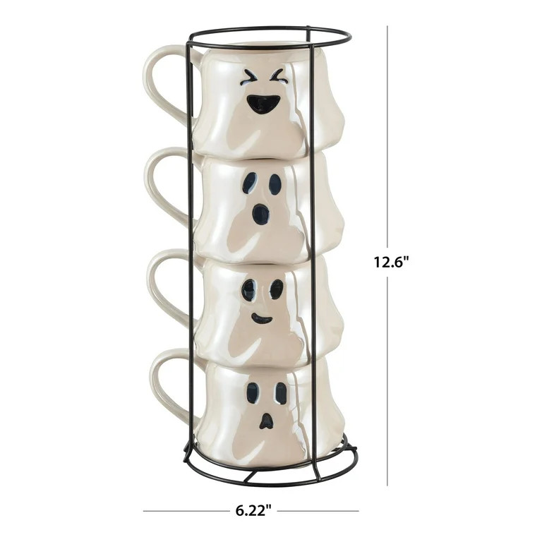 Halloween 13-Ounce White Ghost Stoneware Stackable Mug Set with Iron Rack, by Way To Celebrate | Walmart (US)