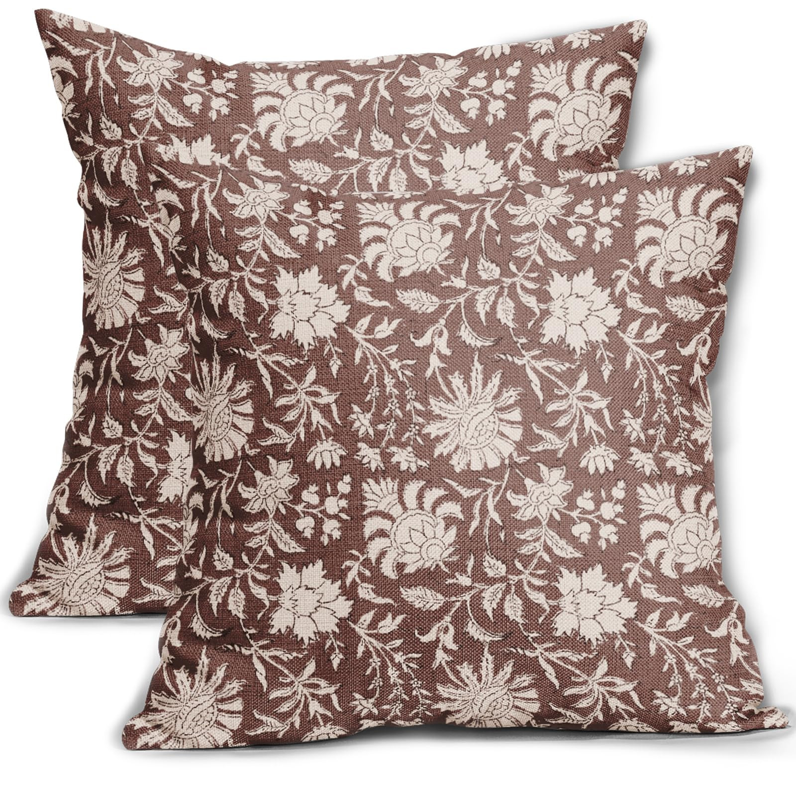 Reddish Brown Floral Pillow Covers 18x18 Set of 2 Cream Vintage Flower Block Print Pattern Decora... | Amazon (US)