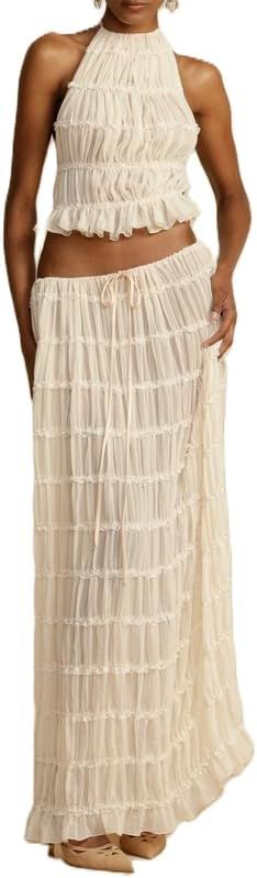 Womens 2 Piece Maxi Skirt Set Lace Up Sleeveless Tank Top and Flowy Long Skirt 2024 Summer Beach ... | Amazon (US)