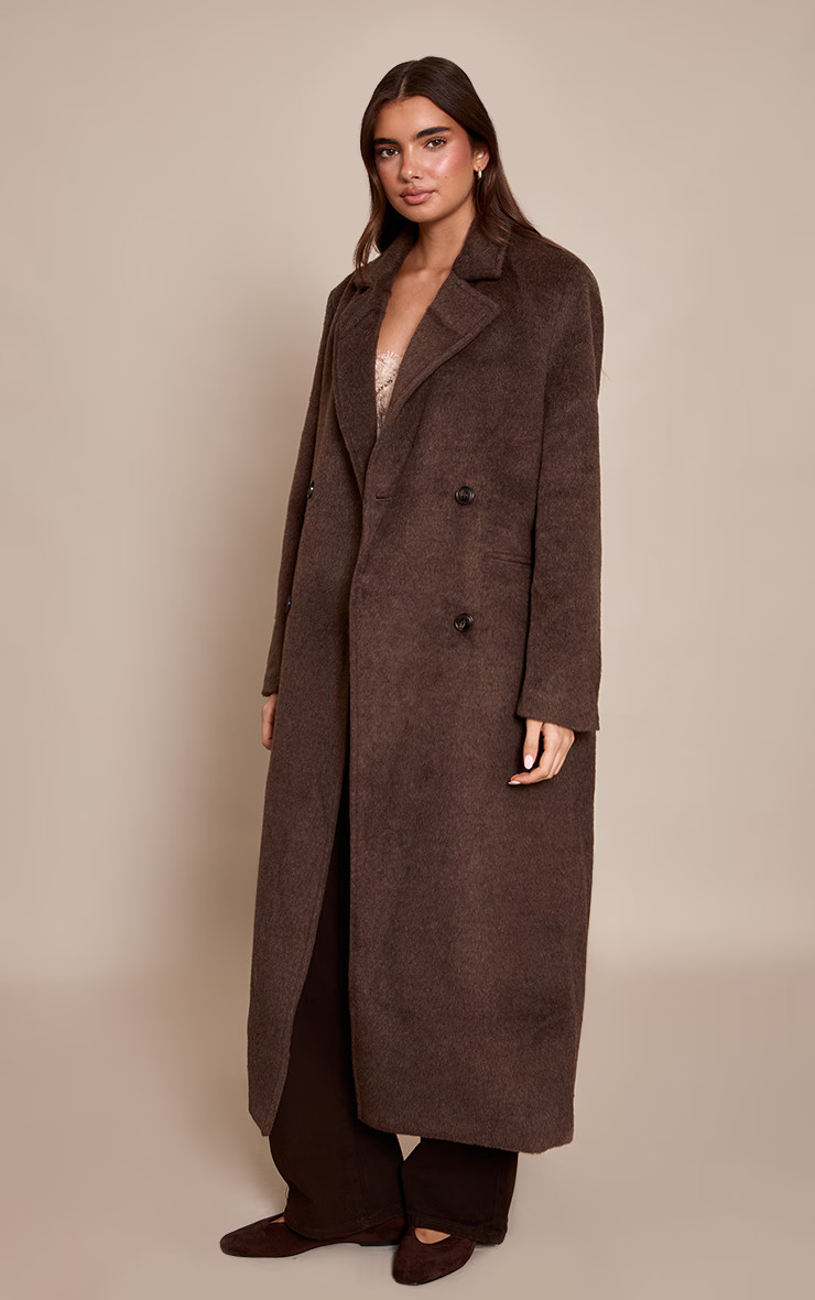 Chocolate Structured Double Breasted Wool Coat | Outerwear | PrettyLittleThing US