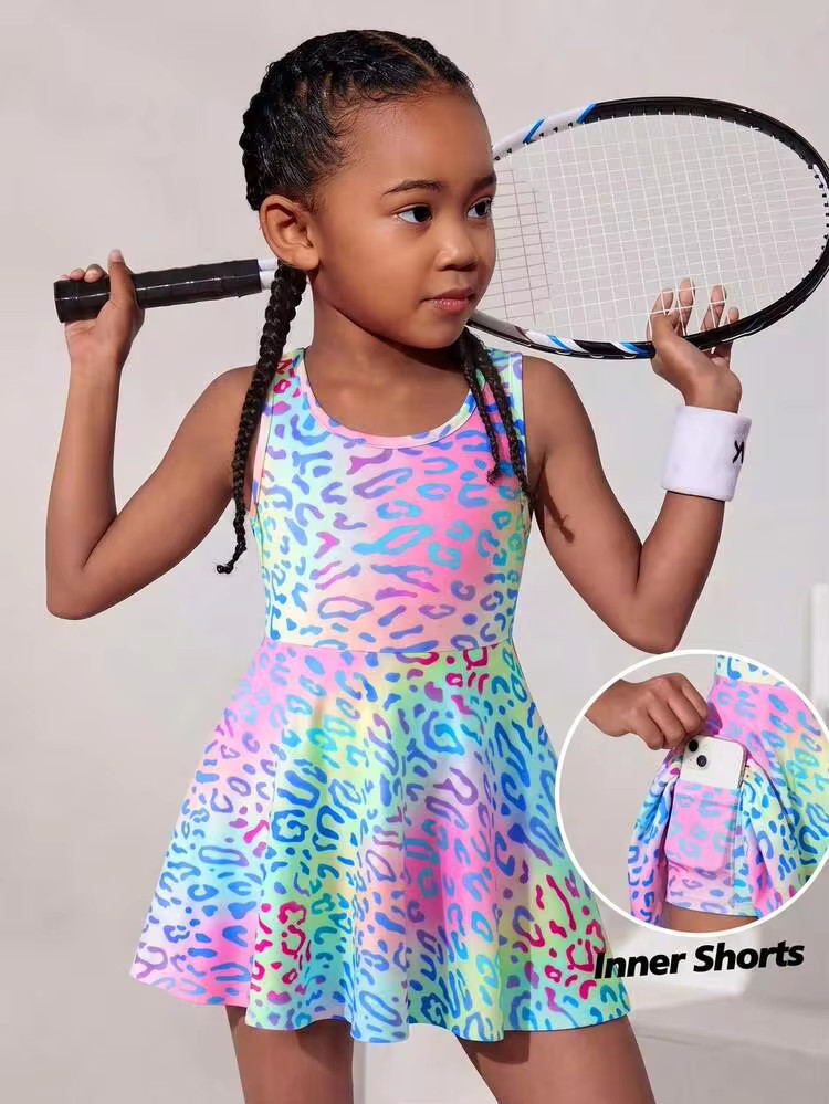 SHEIN Young Girl Tie-Dye Leopard Print Knit Camisole Dress Sportswear | SHEIN