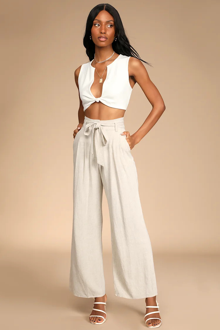 Trend Alert Beige Belted High-Waisted Wide-Leg Pants | Lulus (US)