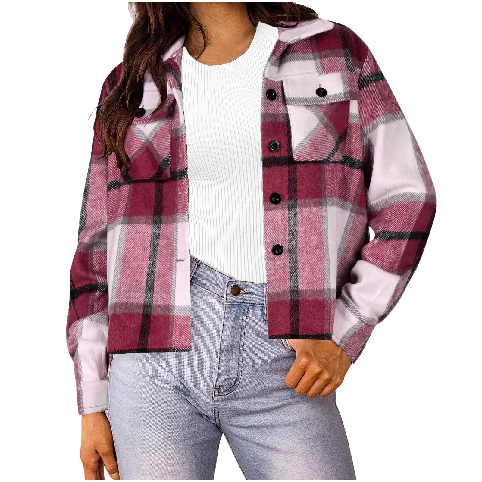 Womens Plus Size Cropped Flannel Shacket Casual Jacket Plaid Button Down Long Sleeve Shirt Fall W... | Walmart (US)