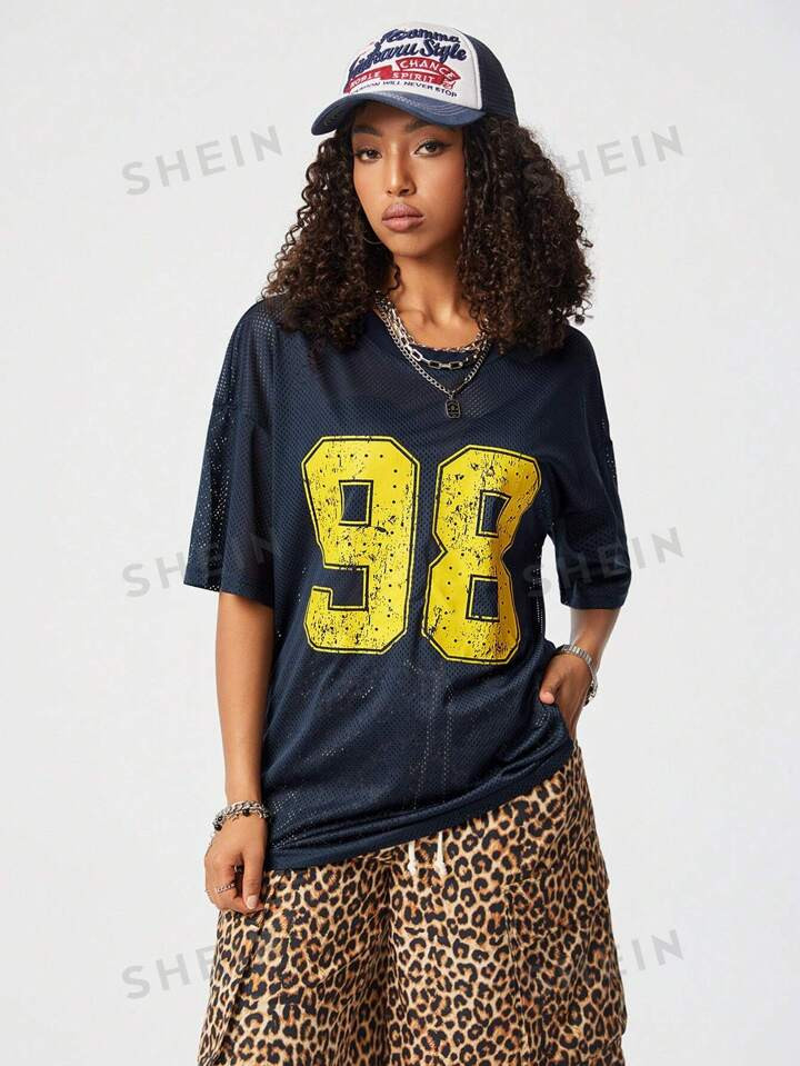 SHEIN Coolane Women's Summer Streetwear  Number  Graphics  Athletic Football  Dark Blue Over Size... | SHEIN