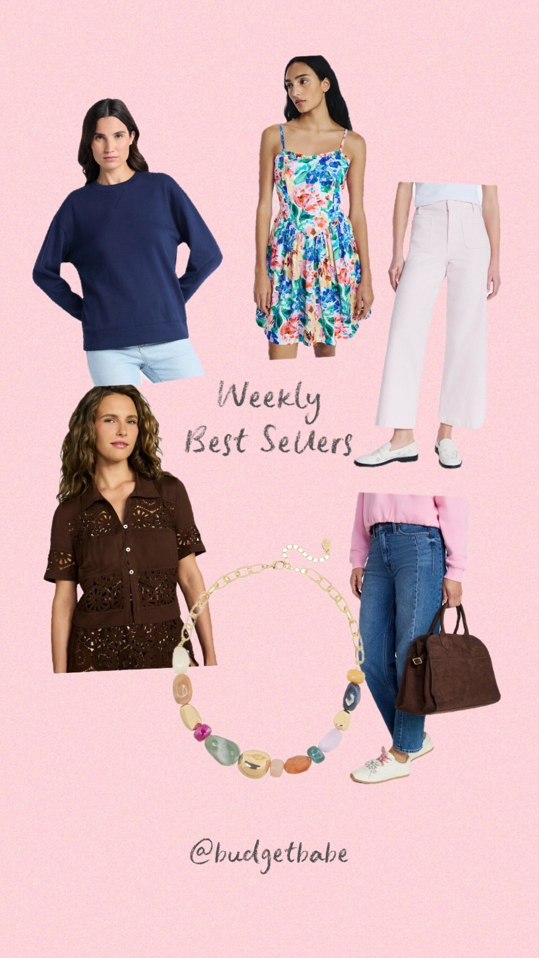 What you’re loving the most! The cotton crewneck ($13), new spring dress, seersucker pants, crochet coverup, beaded necklace and brown faux suede tote bag (looks like The Row). #walmartfinds 