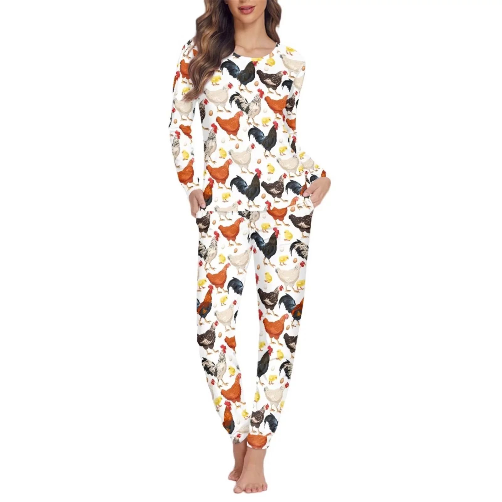 Renewold 2 Pieces Women Pjs Sets Chicken Graphic Pajamas Top and Pants with Pockets Fall Spring W... | Walmart (US)