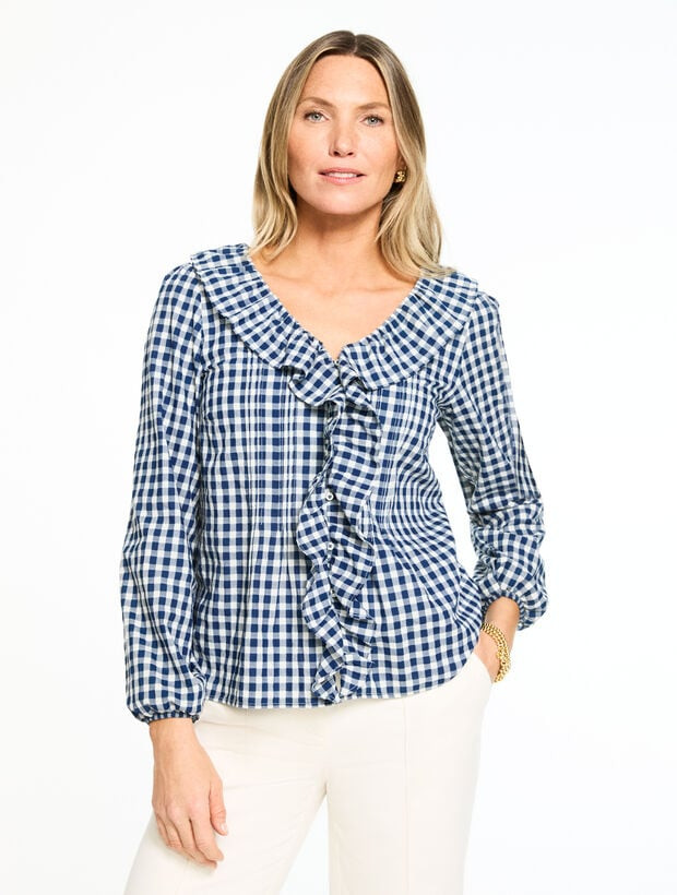 Pintuck Ruffle Trim Top - Regent Check | Talbots