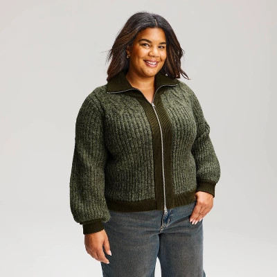 Women's Heritage Cable Bomber Collared Pullover Sweater - Universal Thread™ Olive Green XXL | Target