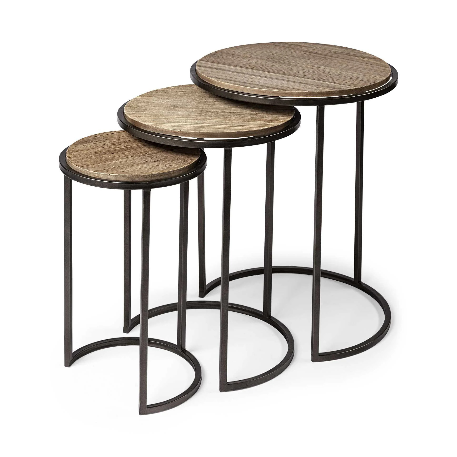 Slickblue Set of 3 Nesting End Tables with Brown Solid Wood Round Tabletop and Black Iron Base for Living Room Bedroom Sofa Side or Entryway | Lowe's