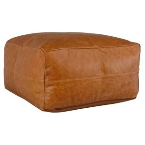 Kosas Home Cheyenne 24x24" Square Genuine Leather Pouf Ottoman in Chestnut Brown | Homesquare