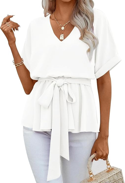FSHAOES Womens V Neck Blouse Short Sleeve Belted Casual T-Shirts Basic Tee Tops | Amazon (US)