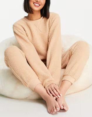 Miss Selfridge long sleeve fleece top and bottom lounge set | ASOS (Global)