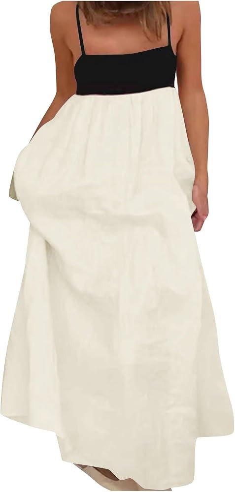 HGps8w Womens Cotton Linen Maxi Dresses Chic Colorblock Spaghetti Straps Sleeveless Long Flowy Su... | Amazon (US)