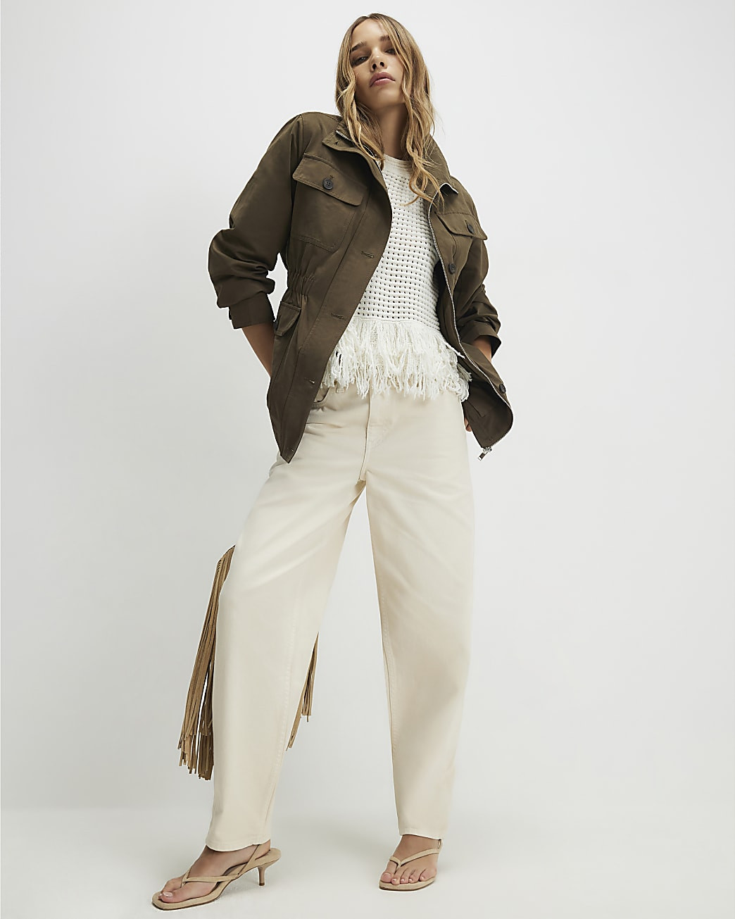 Khaki Utility Funnel Jacket | River Island UK & IE