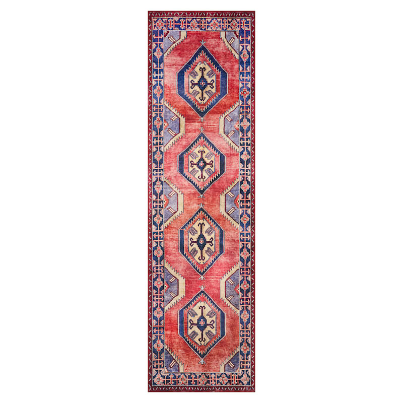 (D565) Freya Red & Blue Medallion Washable Runner, 2x7 | At Home
