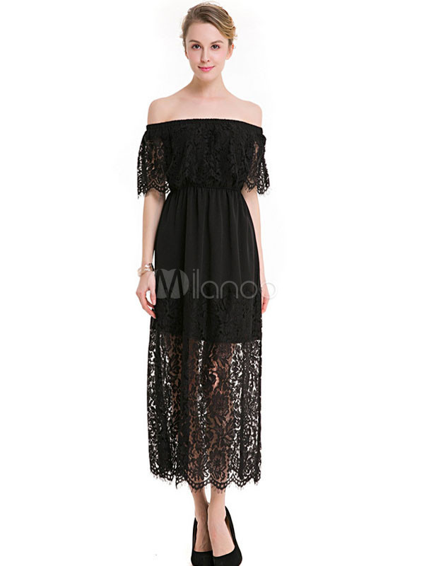 Black Lace Dress Off The Shoulder Short Sleeve Pleated Long Dress For Women | Milanoo