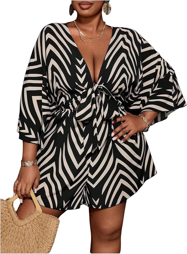 SOLY HUX Women's Plus Size Romper Striped V Neck Tie Front 3/4 Sleeve Loose Short Jumpsuit | Amazon (US)
