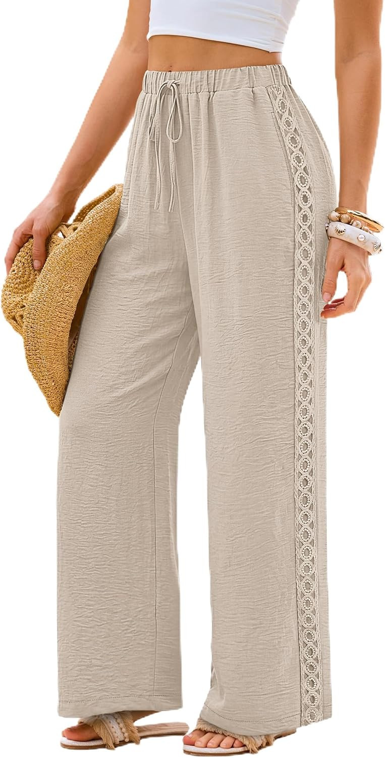 Sampeel Wide Leg Palazzo Pants for Women Flowy Lace Elastic Waist with Pockets Summer Vacation Outfits | Amazon (US)