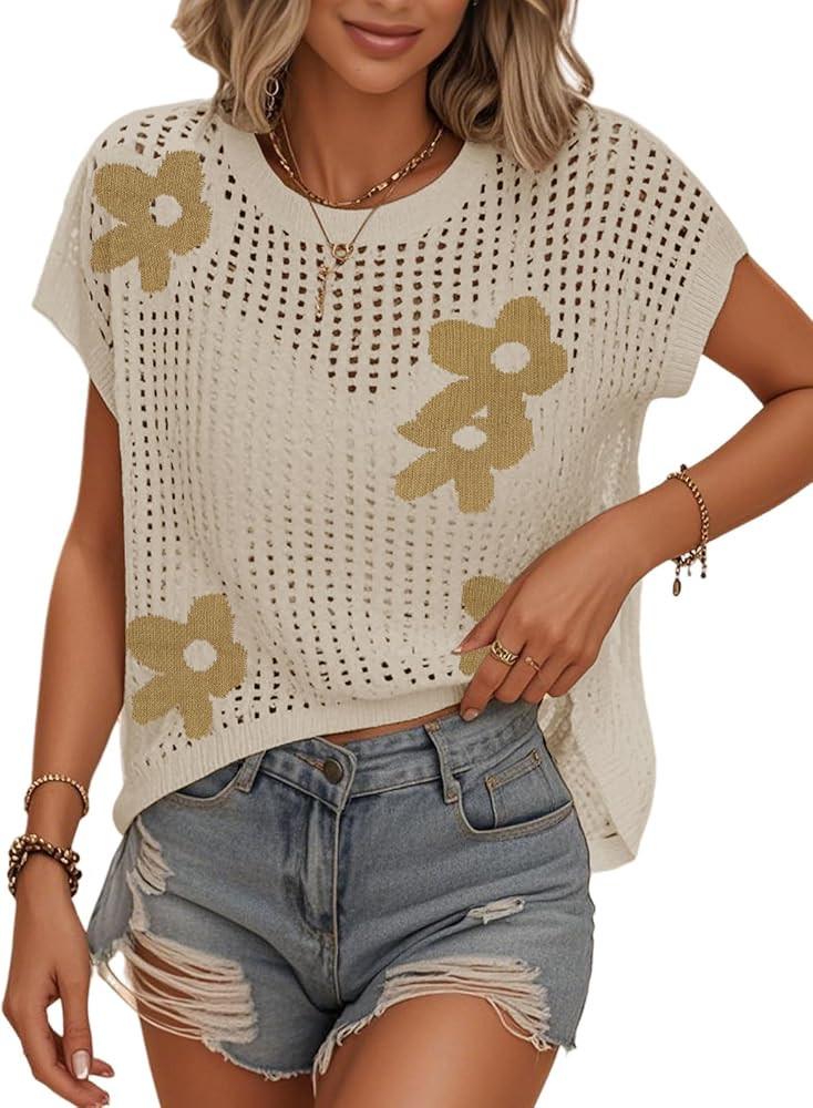 Womens Summer Crochet Tops Hollow Out Cap Sleeve Cover Up Tank Top Pullover Sweater Vest Beach Va... | Amazon (US)